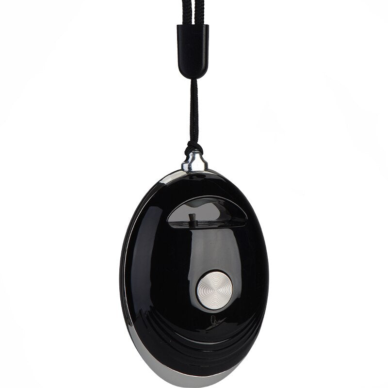 Portable Air Freshener Ionizer in white and black colors, featuring a compact necklace design for easy carrying and stylish use.