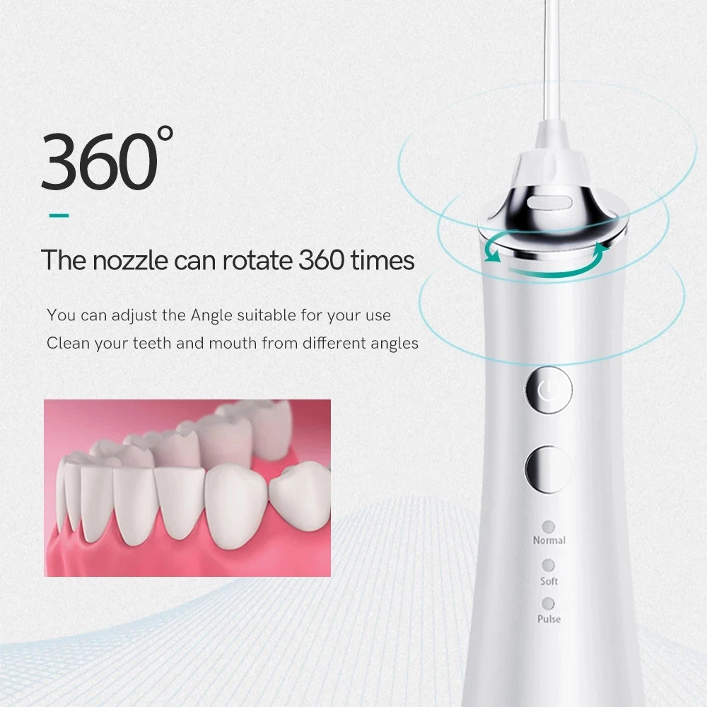 Portable Electric Oral Irrigator in white, pink, and blue colors, showcasing its sleek design and multiple nozzles for dental care.