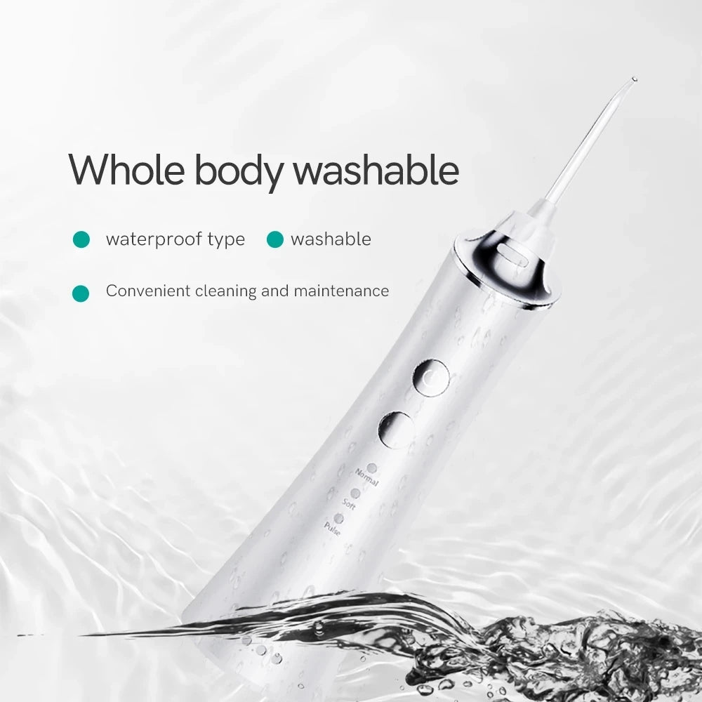 Portable Electric Oral Irrigator in white, pink, and blue colors, showcasing its sleek design and multiple nozzles for dental care.