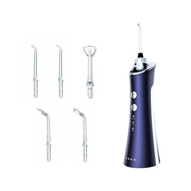 Portable Electric Oral Irrigator in white, pink, and blue colors, showcasing its sleek design and multiple nozzles for dental care.