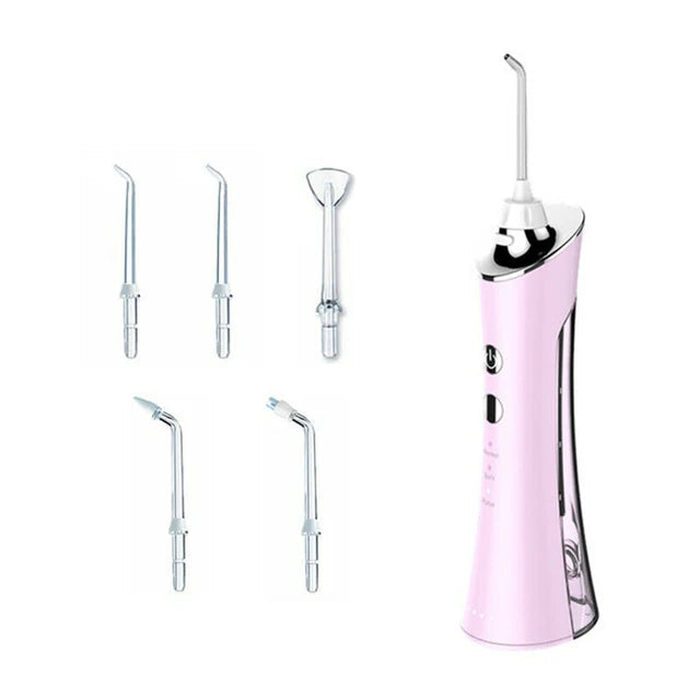 Portable Electric Oral Irrigator in white, pink, and blue colors, showcasing its sleek design and multiple nozzles for dental care.