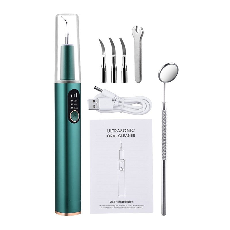 Portable Electric Sonic Dental Calculus Scaler with stainless steel tips and charging cable, designed for effective tartar removal.