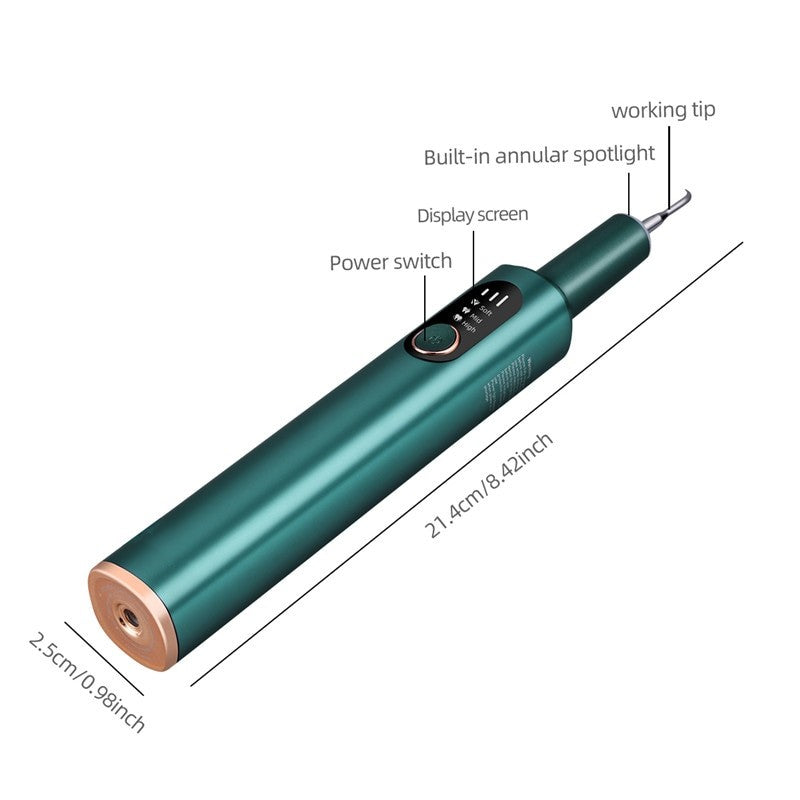 Portable Electric Sonic Dental Calculus Scaler with stainless steel tips and charging cable, designed for effective tartar removal.