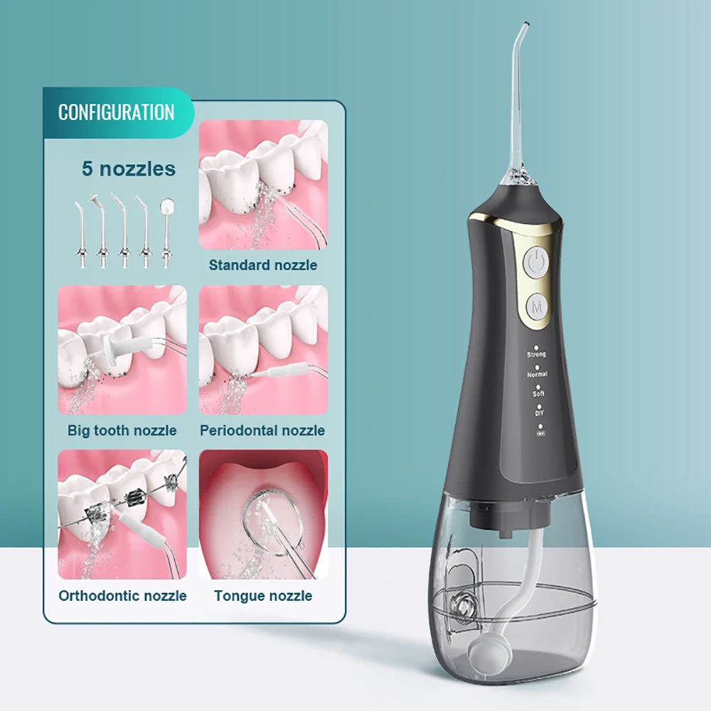 Portable Irrigator Dental Floss with five jets and Type-C charging cable, designed for effective oral hygiene.