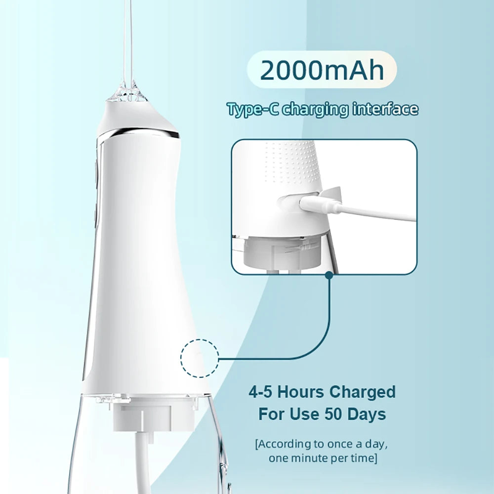 Portable Irrigator Dental Floss with five jets and Type-C charging cable, designed for effective oral hygiene.