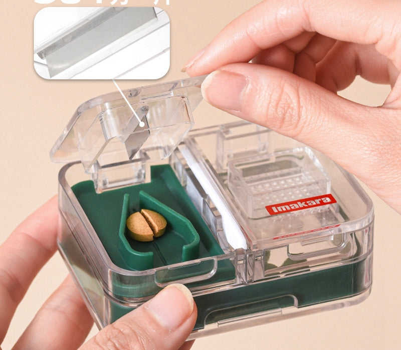 Portable Mini Packing Medicine Storage Box in red, showcasing its compact design and multifunctional features for cutting and grinding tablets.