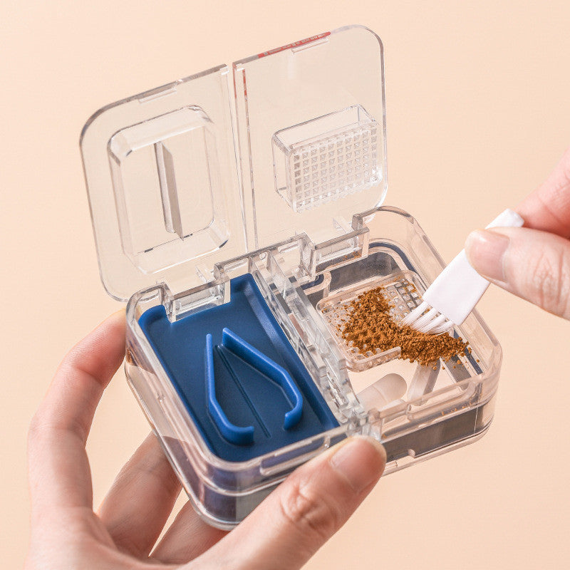 Portable Mini Packing Medicine Storage Box in red, showcasing its compact design and multifunctional features for cutting and grinding tablets.