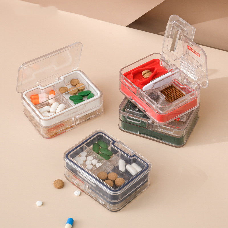 Portable Mini Packing Medicine Storage Box in red, showcasing its compact design and multifunctional features for cutting and grinding tablets.