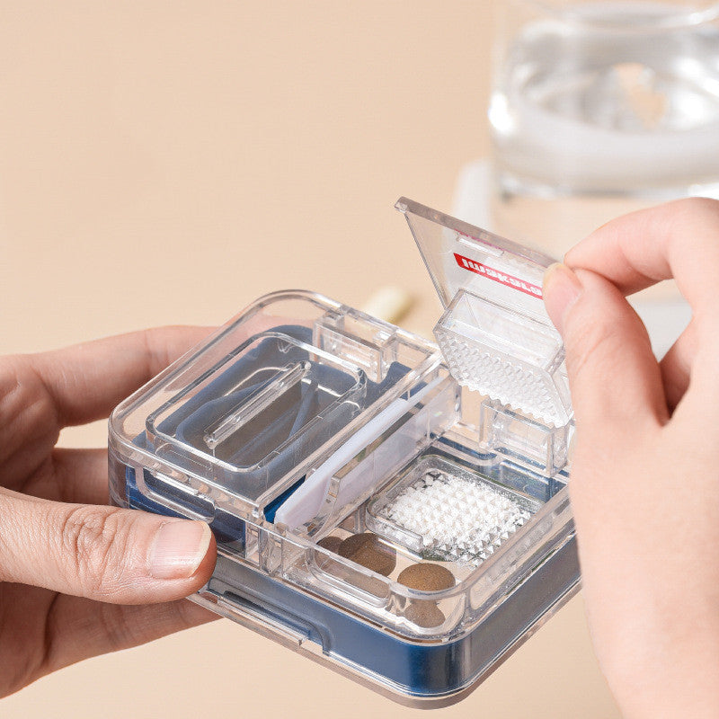 Portable Mini Packing Medicine Storage Box in red, showcasing its compact design and multifunctional features for cutting and grinding tablets.