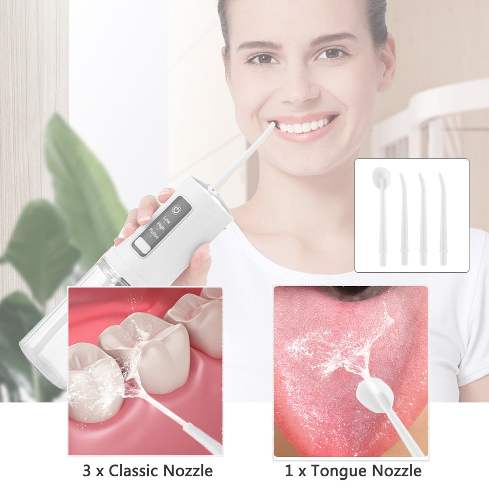 Portable Oral Dental Irrigator with foldable design and USB charging capability, showcasing its sleek and compact structure.