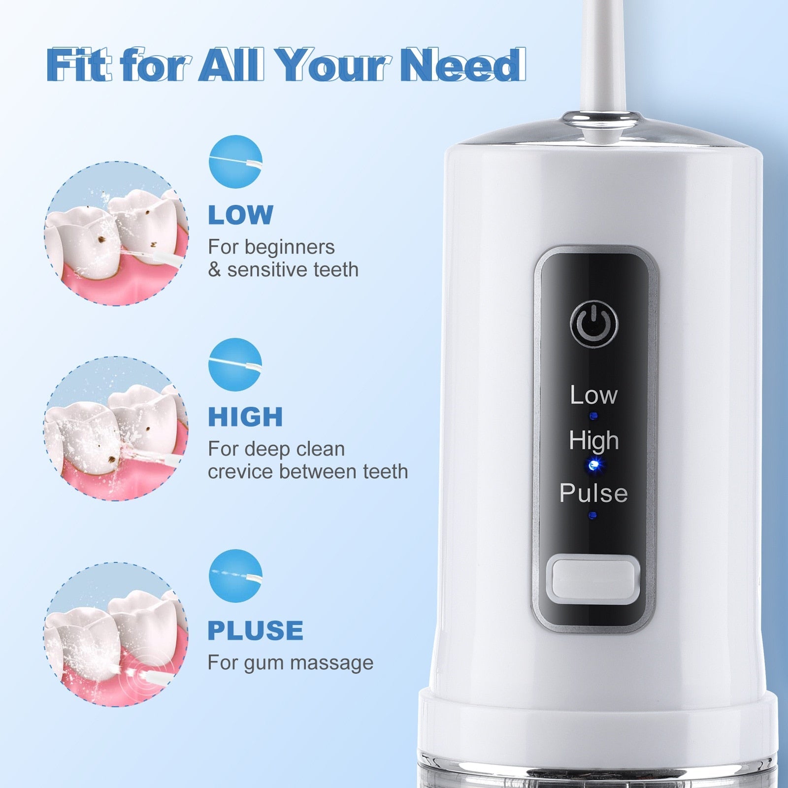 Portable Oral Dental Irrigator with foldable design and USB charging capability, showcasing its sleek and compact structure.