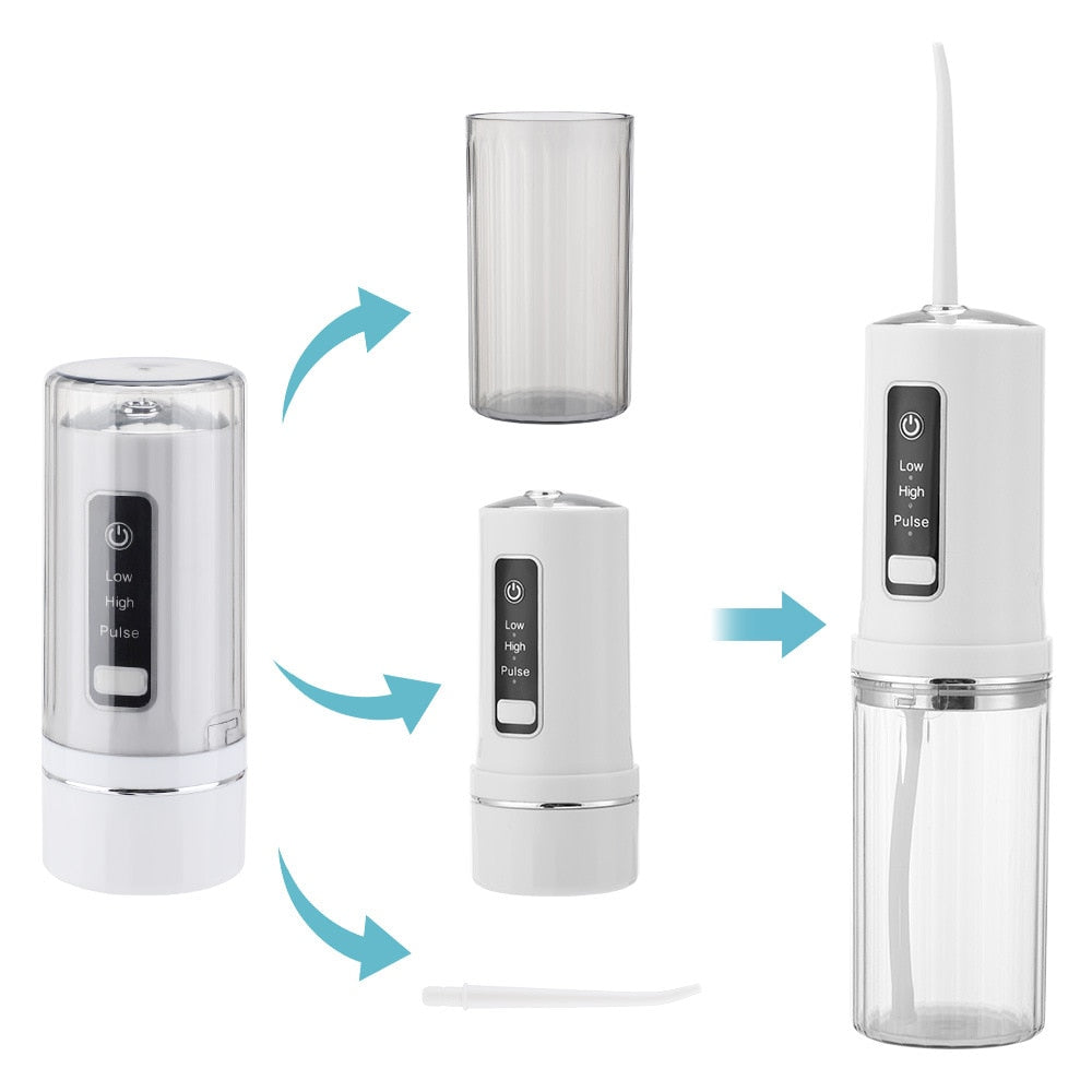 Portable Oral Dental Irrigator with foldable design and USB charging capability, showcasing its sleek and compact structure.