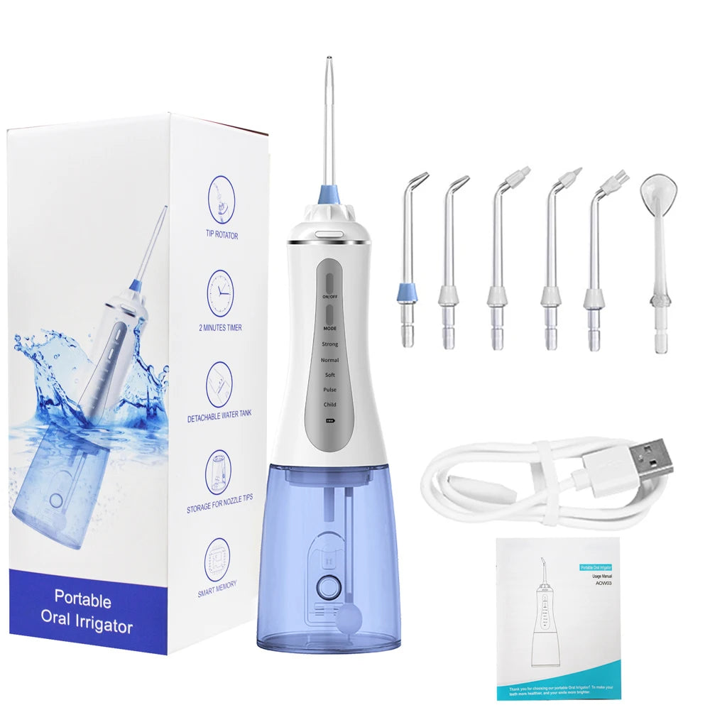 Portable Oral Irrigator with 5 modes and 6 nozzles, designed for effective dental care and teeth whitening.