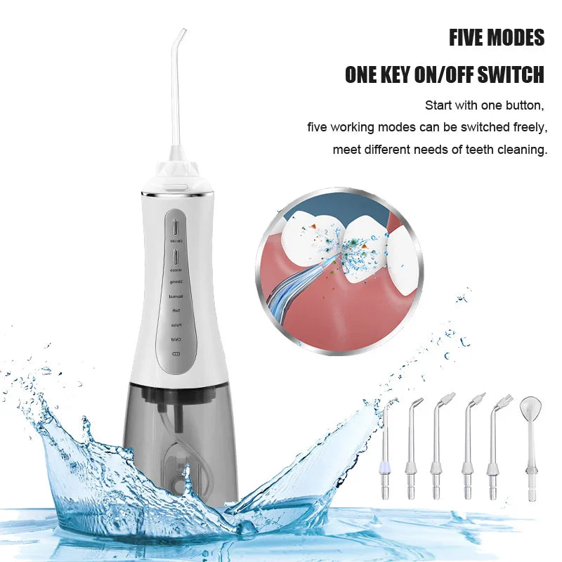 Portable Oral Irrigator with 5 modes and 6 nozzles, designed for effective dental care and teeth whitening.