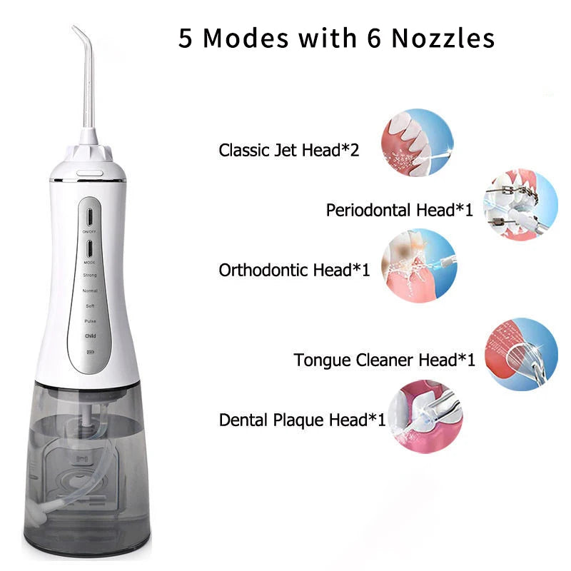 Portable Oral Irrigator with 5 modes and 6 nozzles, designed for effective dental care and teeth whitening.