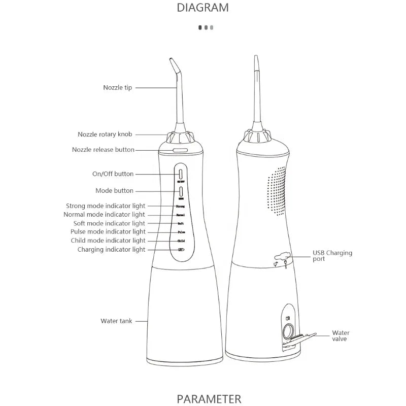 Portable Oral Irrigator with 5 modes and 6 nozzles, designed for effective dental care and teeth whitening.