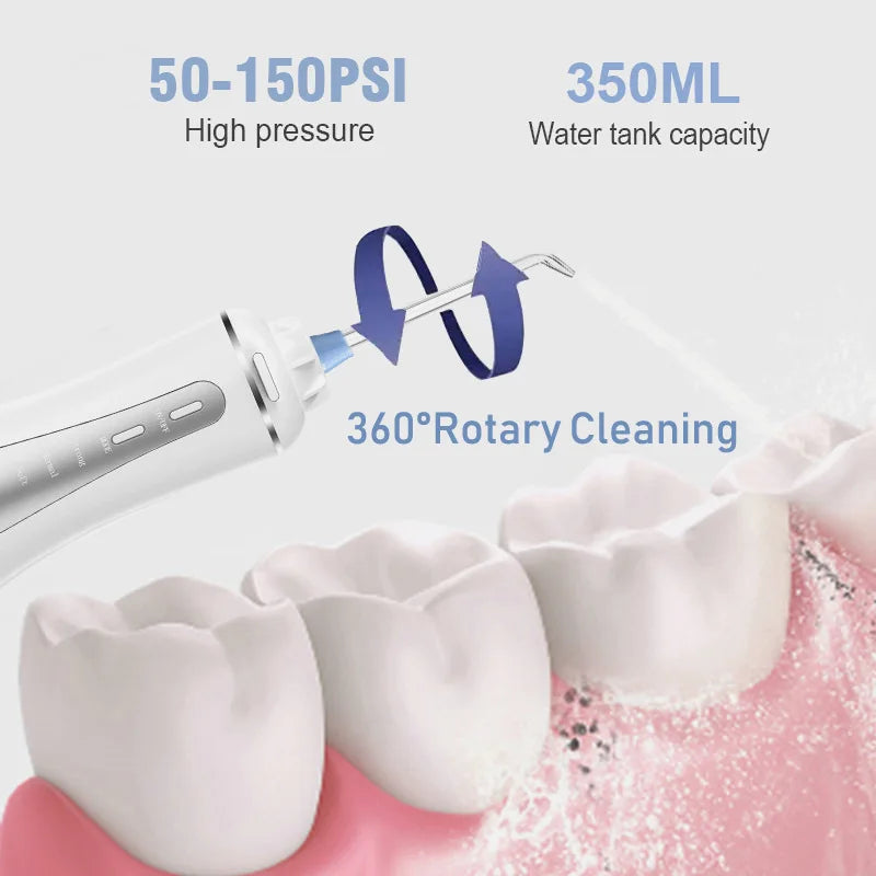 Portable Oral Irrigator with 5 modes and 6 nozzles, designed for effective dental care and teeth whitening.