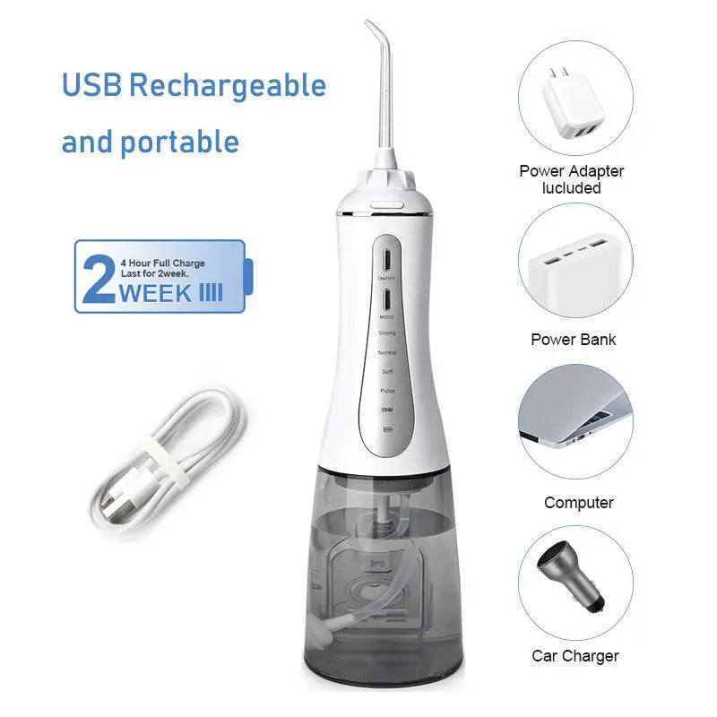 Portable Oral Irrigator with 5 modes and 6 nozzles, designed for effective dental care and teeth whitening.