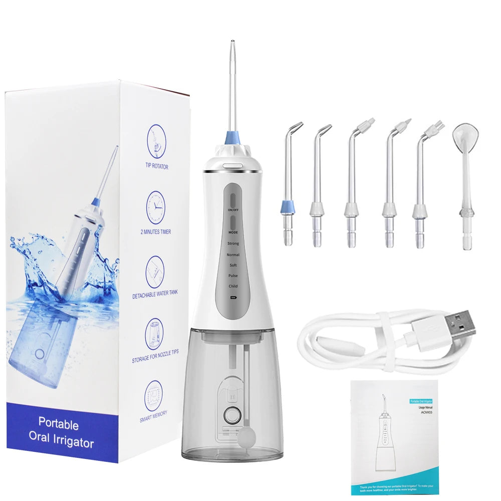 Portable Oral Irrigator with 5 modes and 6 nozzles, designed for effective dental care and teeth whitening.