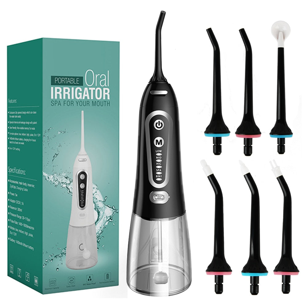 Portable Oral Irrigator Dental Water Flosser Device with multiple nozzles and USB charging cable, designed for effective teeth cleaning.