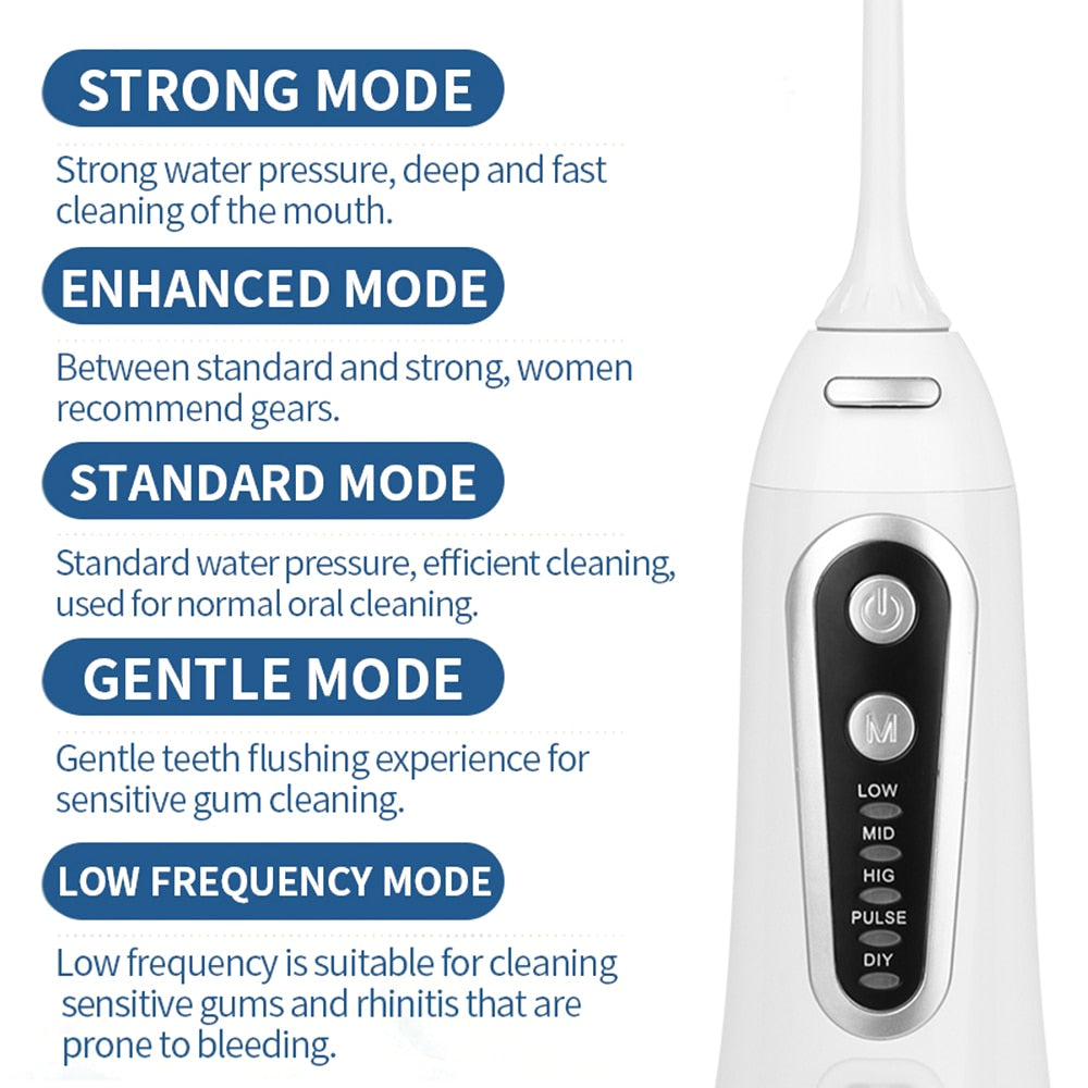 Portable Oral Irrigator Dental Water Flosser Device with multiple nozzles and USB charging cable, designed for effective teeth cleaning.