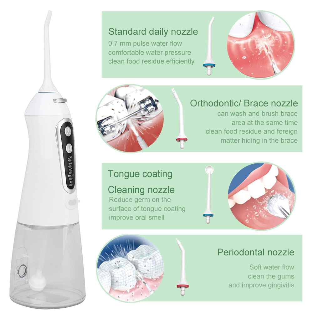 Portable Oral Irrigator Dental Water Flosser Device with multiple nozzles and USB charging cable, designed for effective teeth cleaning.