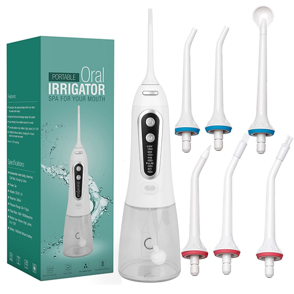 Portable Oral Irrigator Dental Water Flosser Device with multiple nozzles and USB charging cable, designed for effective teeth cleaning.