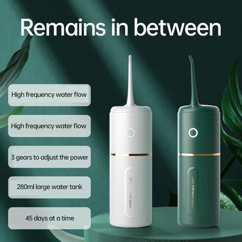 Portable Oral Irrigator Pulse Dental Water Flosser with multiple nozzles and USB charging cable, designed for effective dental cleaning.