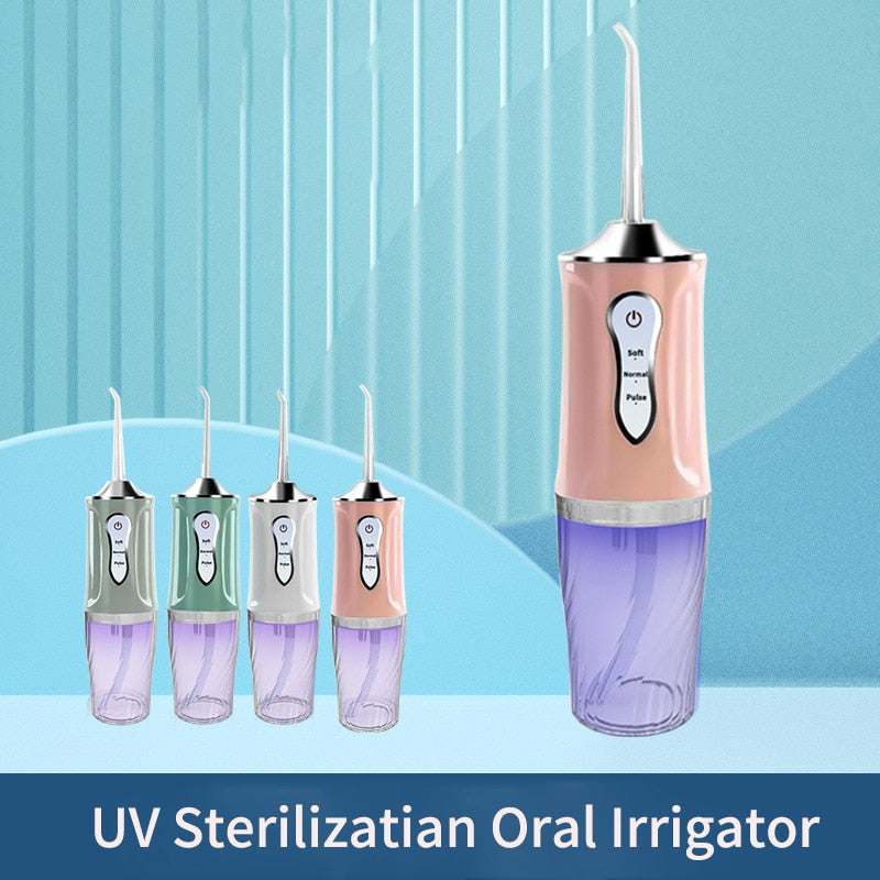 Portable Oral Irrigator Rechargeable USB Water Dental Flosser with UV sterilization, showcasing its sleek design and multiple nozzles.