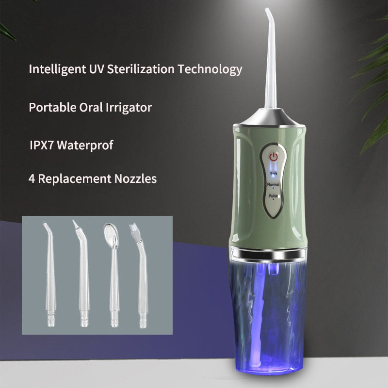 Portable Oral Irrigator Rechargeable USB Water Dental Flosser with UV sterilization, showcasing its sleek design and multiple nozzles.