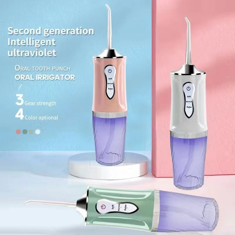 Portable Oral Irrigator Rechargeable USB Water Dental Flosser with UV sterilization, showcasing its sleek design and multiple nozzles.