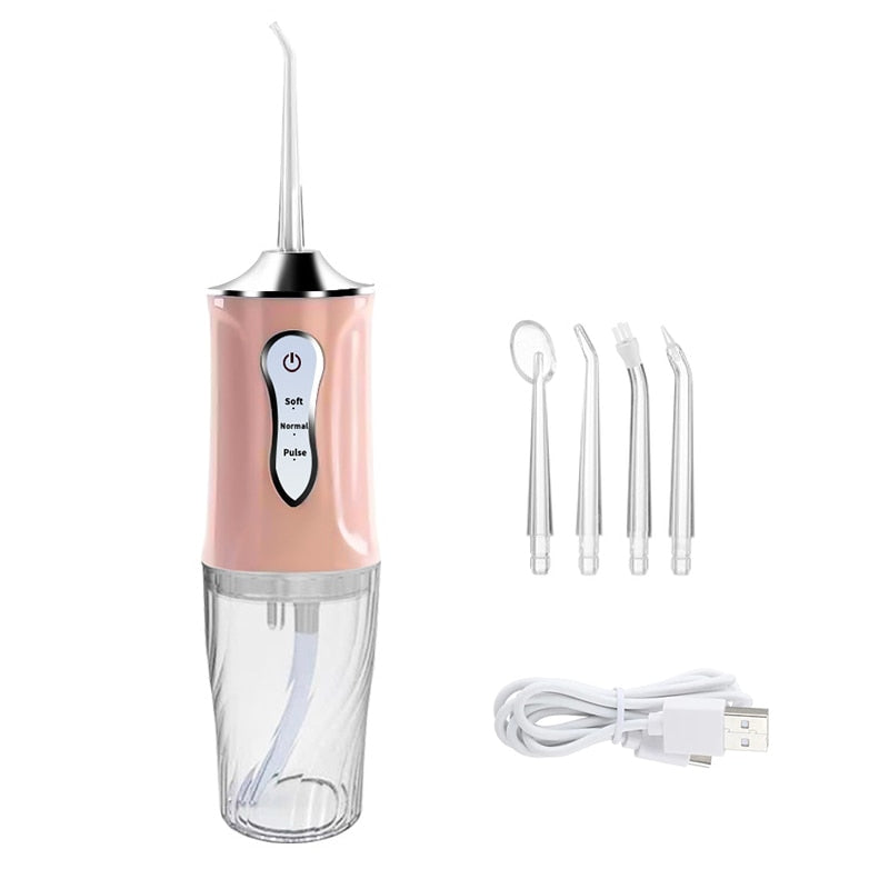 Portable Oral Irrigator Rechargeable USB Water Dental Flosser with UV sterilization, showcasing its sleek design and multiple nozzles.