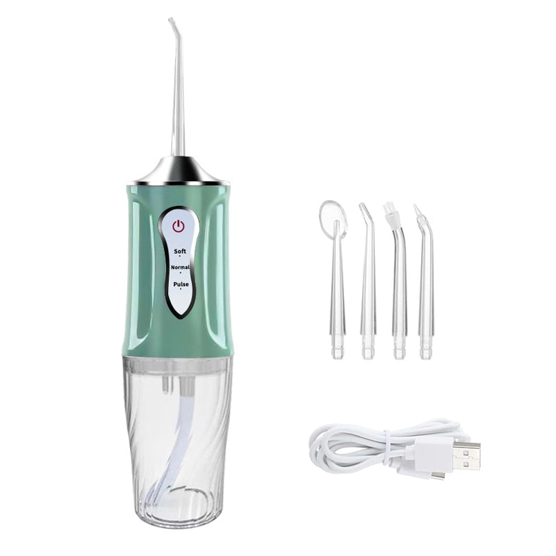 Portable Oral Irrigator Rechargeable USB Water Dental Flosser with UV sterilization, showcasing its sleek design and multiple nozzles.