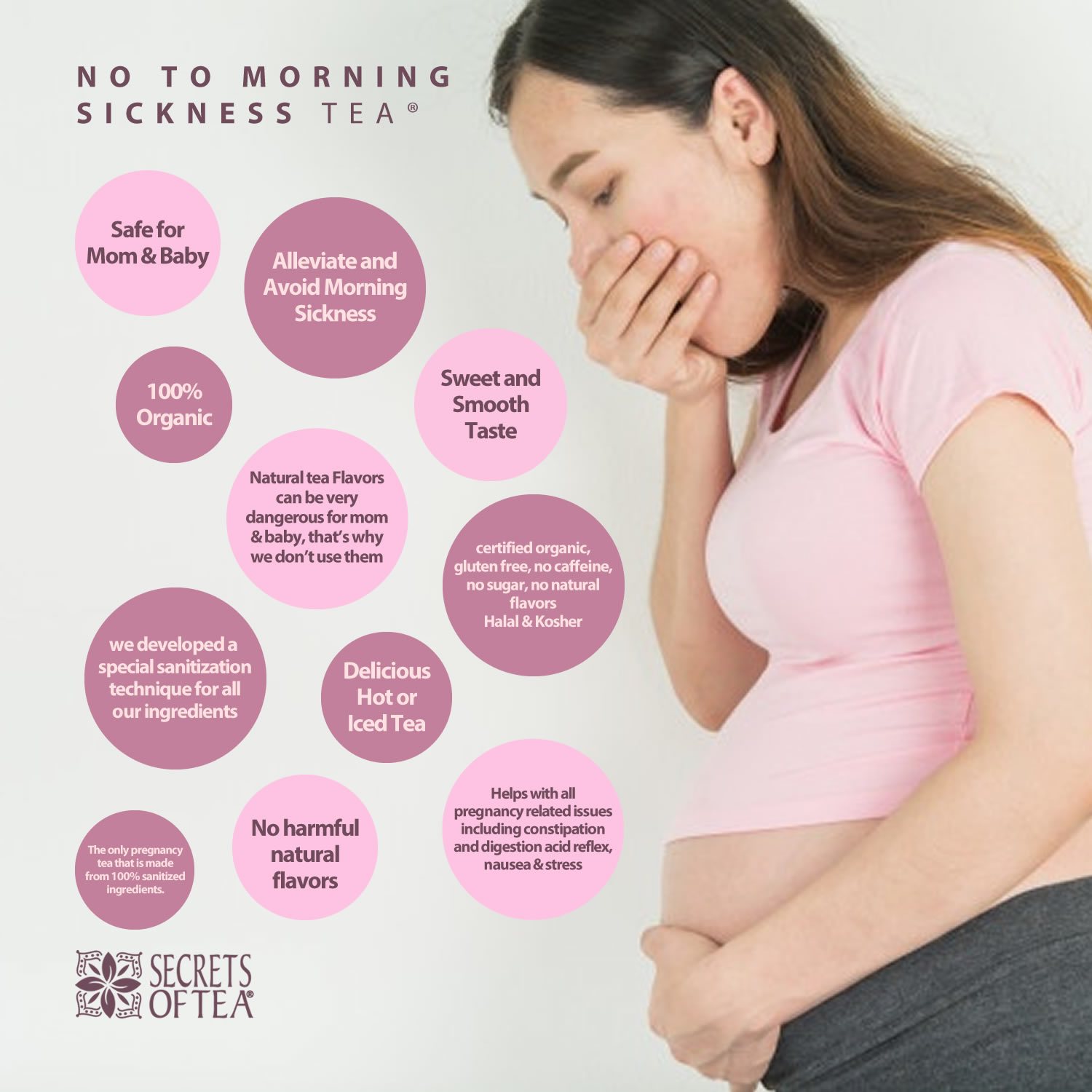 A box of Pregnancy Tea Peppermint featuring organic ingredients for morning sickness relief, with a steaming cup of tea beside it.