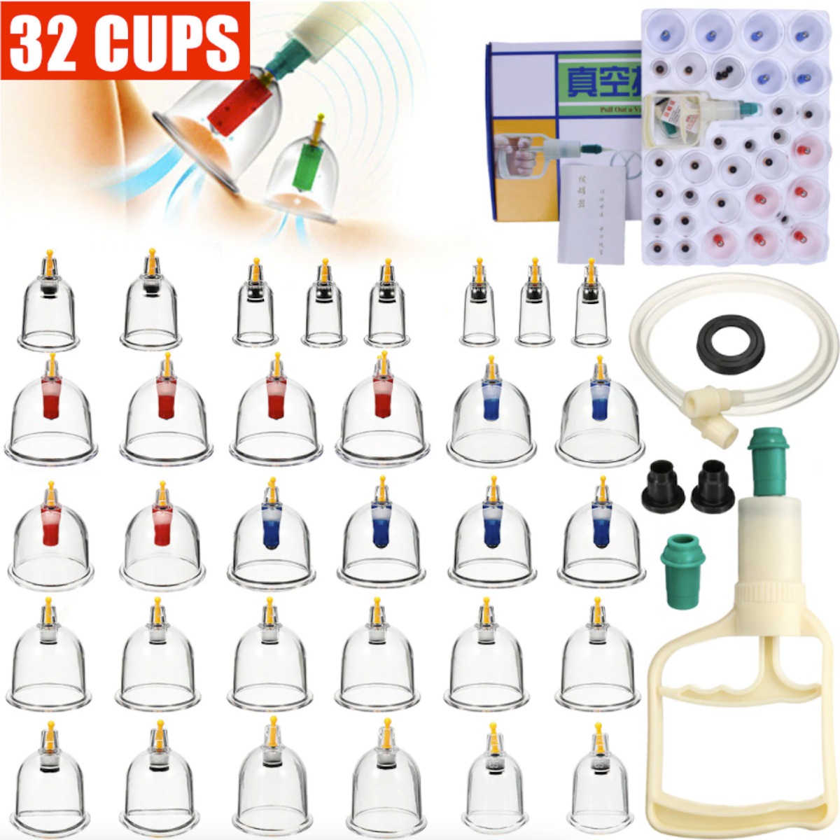 Premium 32 PCS Massage Cupping Therapy Set including various sizes of cups, pump, and accessories for effective relaxation and pain relief.