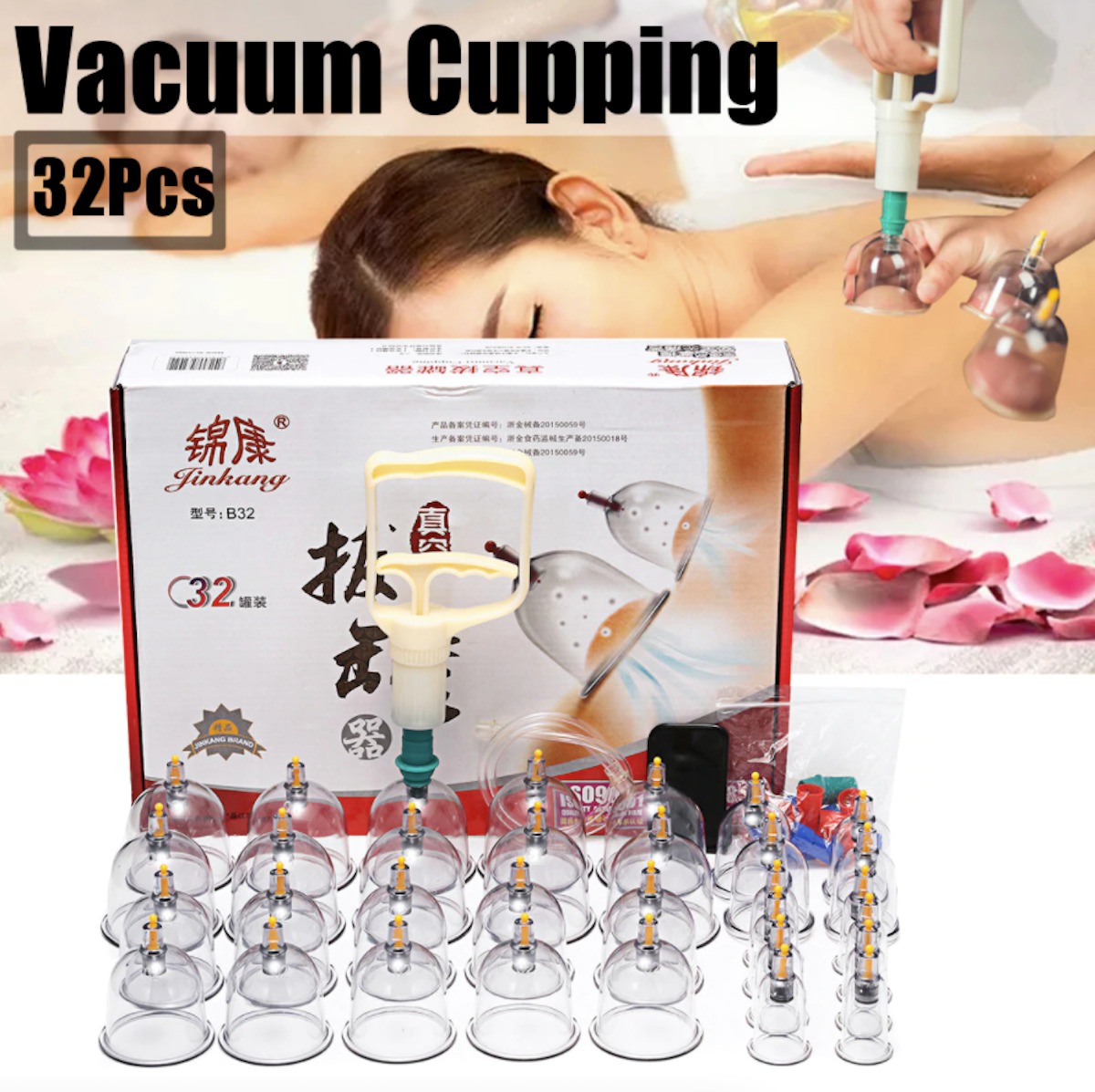 Premium 32 PCS Massage Cupping Therapy Set including various sizes of cups, pump, and accessories for effective relaxation and pain relief.