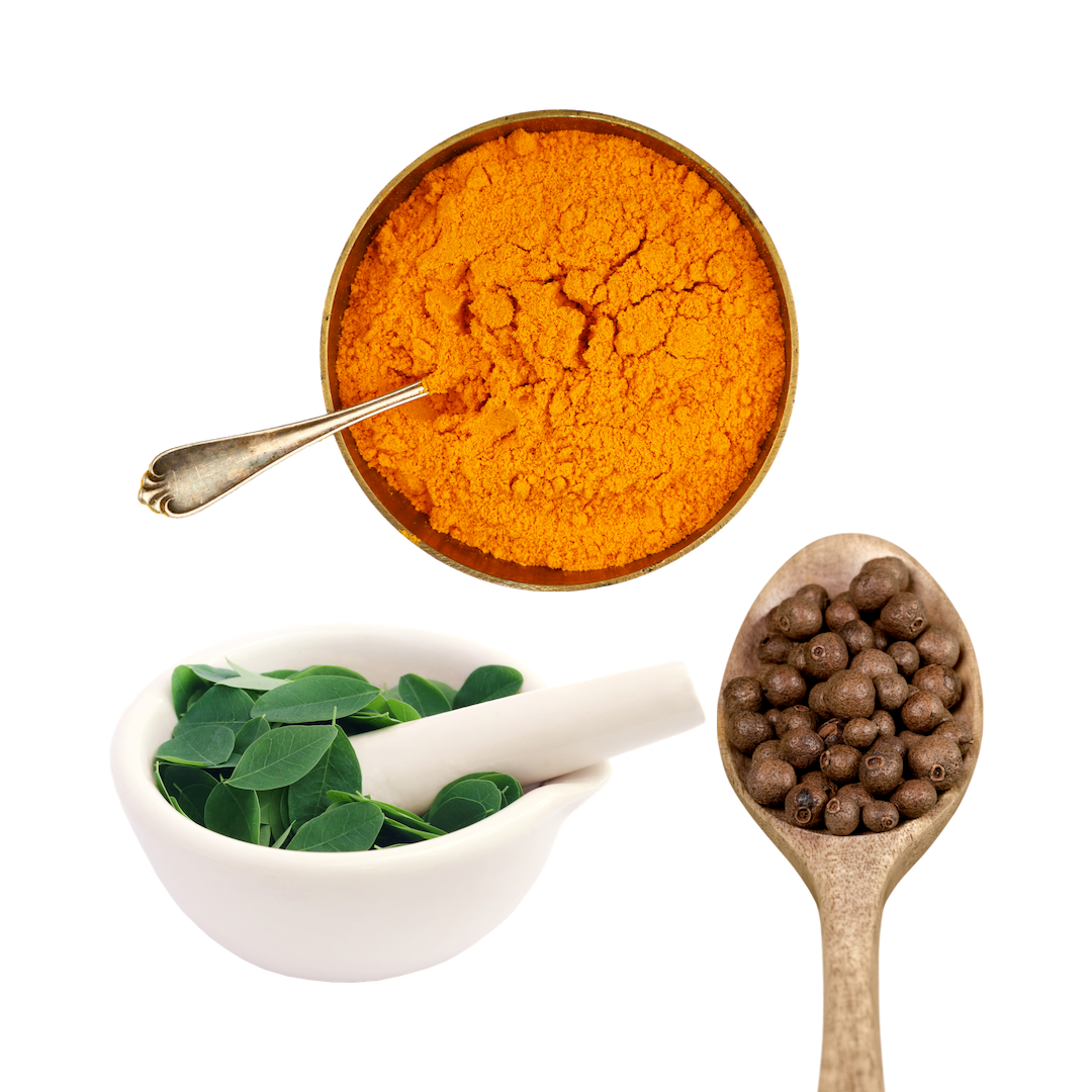 Premium Organic Turmeric Curcumin & Moringa Oleifera vegan capsules in a bottle, showcasing the natural ingredients and health benefits.