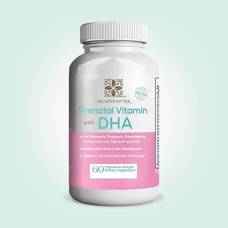 Bottle of Prenatal Vitamin + DHA soft gels, featuring a 60-day supply for pregnant women, with a focus on essential nutrients for mom and baby.