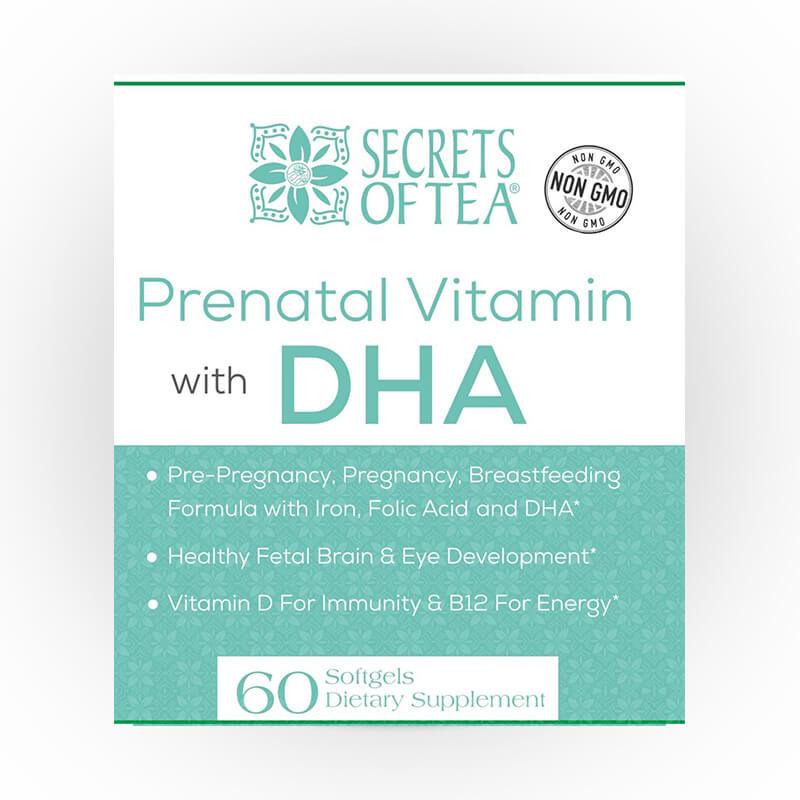 Bottle of Prenatal Vitamin + DHA soft gels, featuring a 60-day supply for pregnant women, with a focus on essential nutrients for mom and baby.