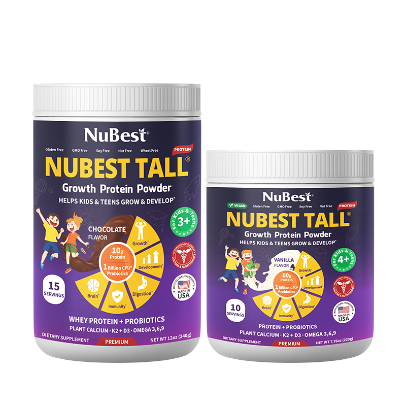 Pro Growth Duo protein powder in Chocolate and Vanilla flavors, designed for children's growth and development with essential nutrients.