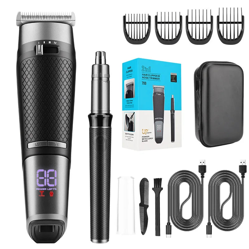 Professional high power hair cutting machine and nose hair trimmer set with USB charging and adjustable blades.