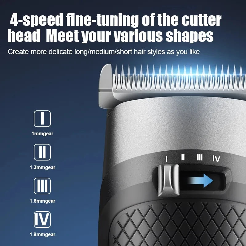 Professional high power hair cutting machine and nose hair trimmer set with USB charging and adjustable blades.