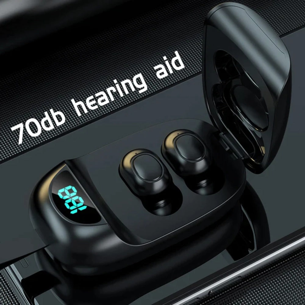 Rechargeable hearing aid designed for elderly users, featuring a compact and stylish earbud shape with a portable charging box.