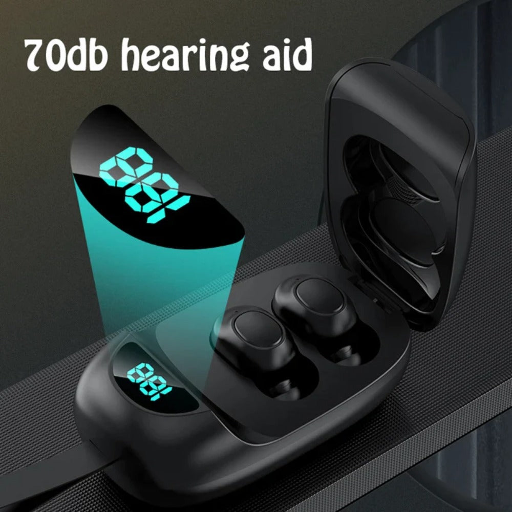 Rechargeable hearing aid designed for elderly users, featuring a compact and stylish earbud shape with a portable charging box.