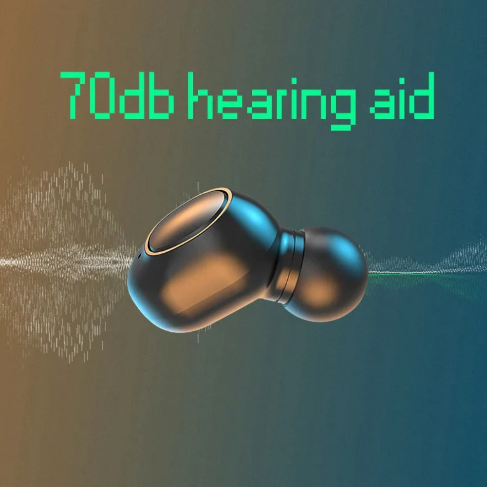 Rechargeable hearing aid designed for elderly users, featuring a compact and stylish earbud shape with a portable charging box.