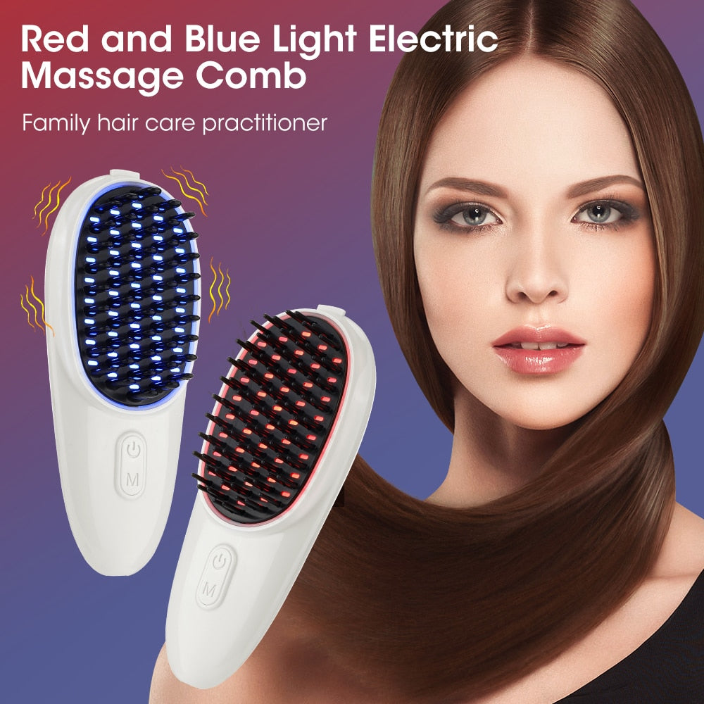 Red Blue Light Electric Massage Comb designed for scalp and hair care, featuring a sleek white design and detachable comb teeth.