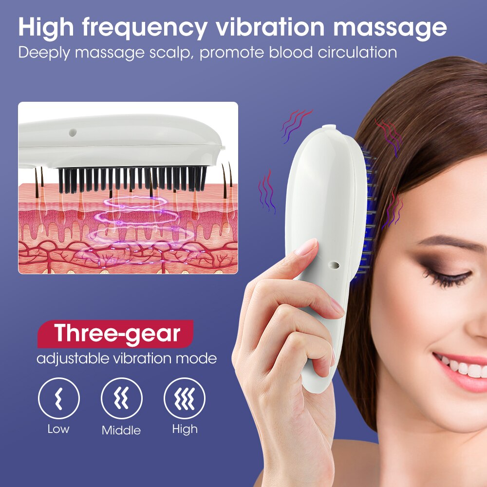 Red Blue Light Electric Massage Comb designed for scalp and hair care, featuring a sleek white design and detachable comb teeth.