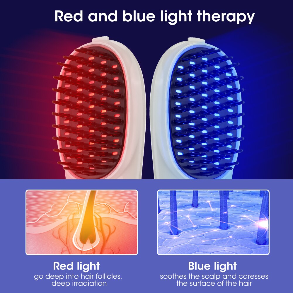 Red Blue Light Electric Massage Comb designed for scalp and hair care, featuring a sleek white design and detachable comb teeth.