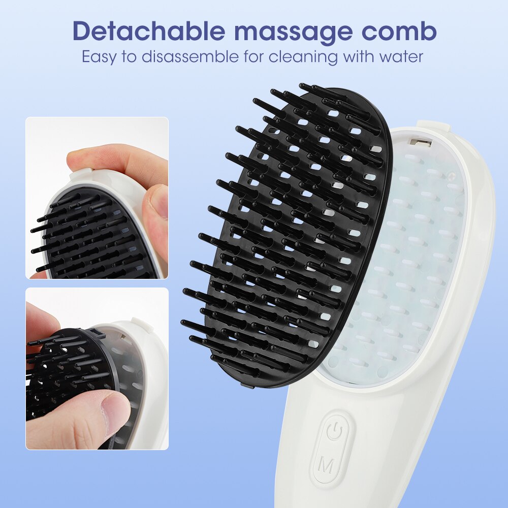 Red Blue Light Electric Massage Comb designed for scalp and hair care, featuring a sleek white design and detachable comb teeth.