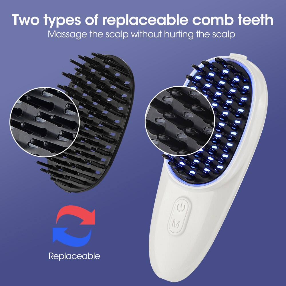 Red Blue Light Electric Massage Comb designed for scalp and hair care, featuring a sleek white design and detachable comb teeth.